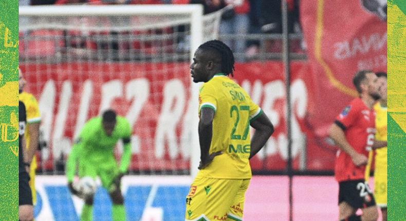 Moses Simon looks on after Nantes conceded three goals at Rennes