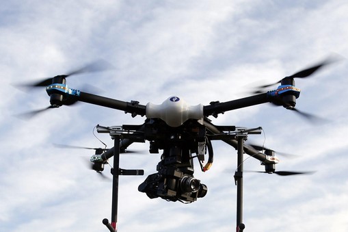 A Belgian Federal Police drone takes off from the airfield in Brasschaat near Antwerp dron policyjny