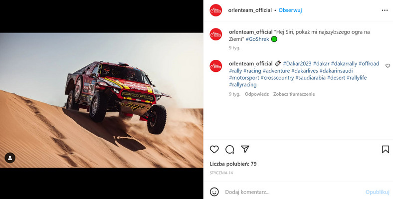 Jeden ze wpisów na obsługiwanym przez Publicon  instagramowym koncie Orlen Team