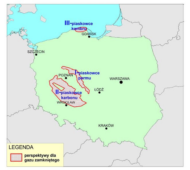 Obszary perspektywiczne dla wystepowania gazu ziemnego zamkniętego (tight gas) w Polsce według raportu PIG. Źródło: raport PIG