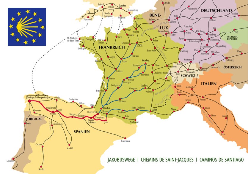Szlaki św. Jakuba w Europie. źródło: Wikipedia