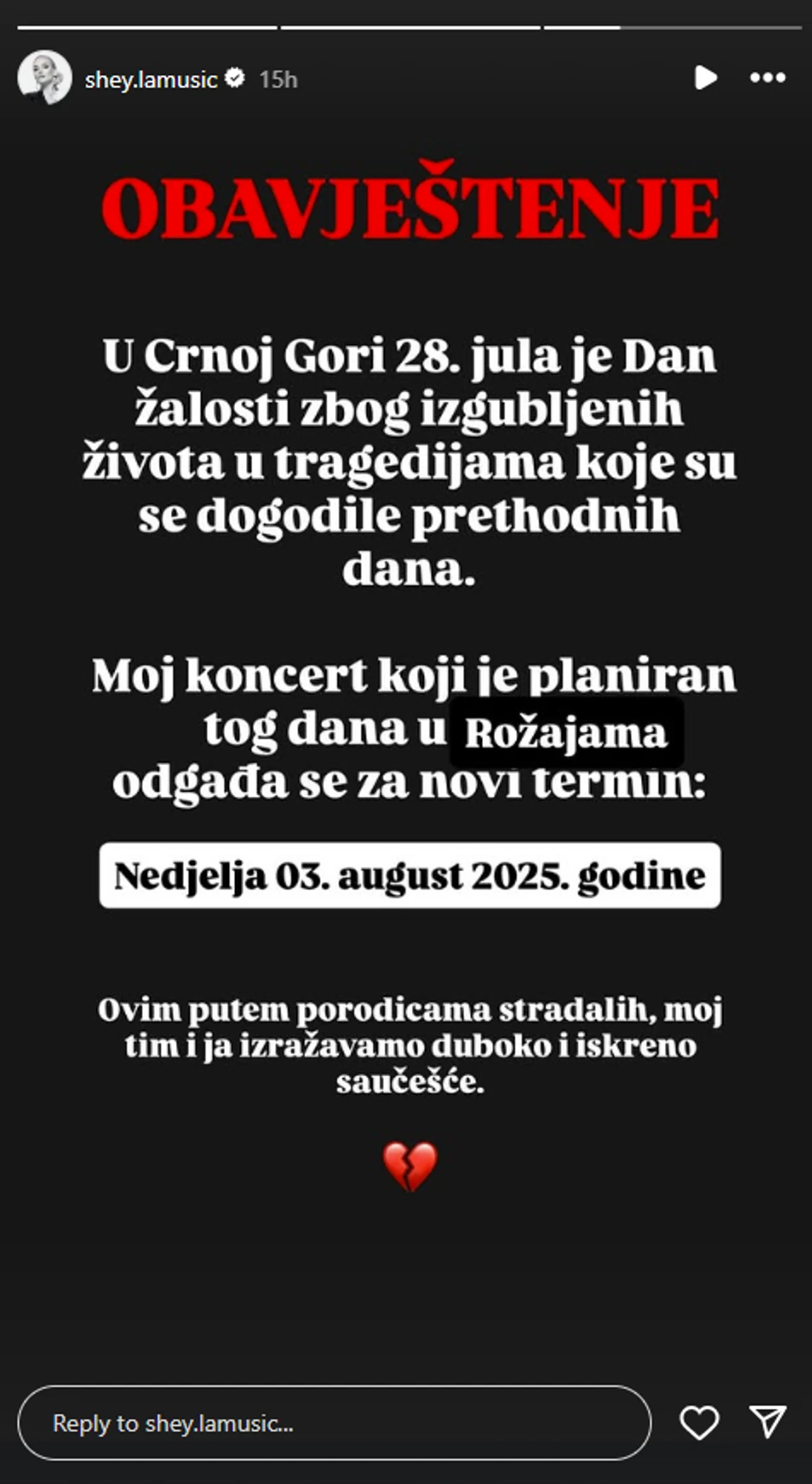 Šejla Zonić otkazala nastup u Crnoj Gori
