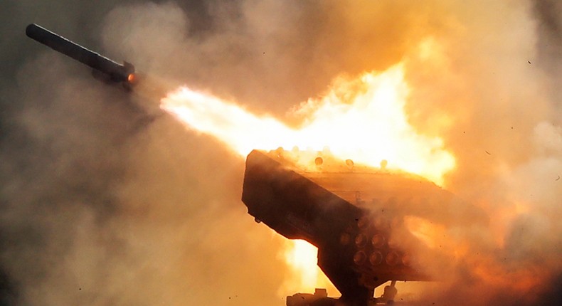 Russian heavy flamethrower system TOS-1 fires during the International Military Technical Forum Army-2018 in Alabino, outside Moscow, Tuesday, Aug. 21, 2018. Russia has displayed its latest weapons at a military show aimed at attracting more foreign customers.