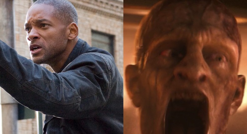 Will Smith as Robert Neville and Dash Mihok as the Alpha Male in I Am Legend.Warner Bros. Pictures