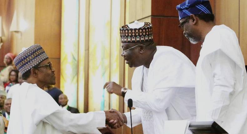 President Muhammadu Buhari, President of the Senate Ahmad Lawan and Speaker of the House of Representatives Hon. Femi Gbajabiamila at the presentation of 2020 Budget on the floor of the Senate. [Twitter/@DrAhmadLawan]