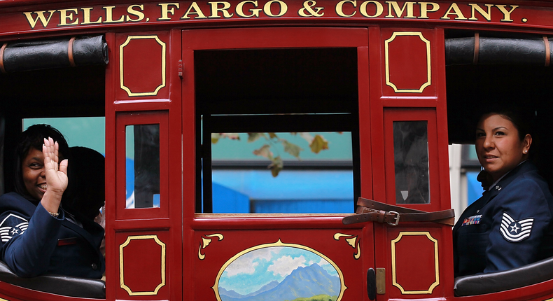 Members of the U.S. Air Force ride in the Wells Fargo stagecoach during the 92nd Annual San Francisco Veterans Day Parade on November 11, 2011 in San Francisco, California.