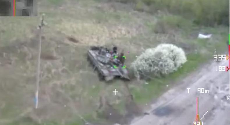 A screengrab from the video purportedly showing a kamikaze drone about to hit a Russian tank.