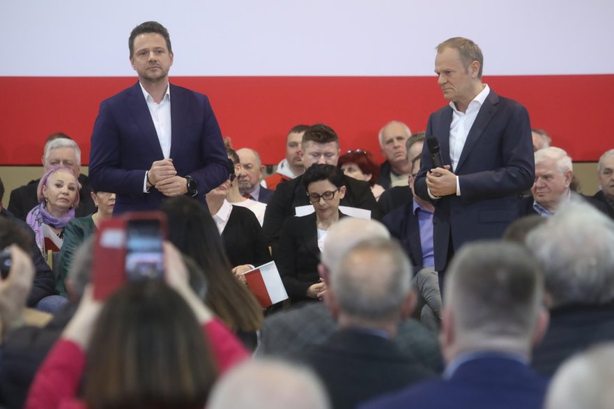 Rafał Trzaskowski i Donald Tusk. Spotkanie w Białej Podlaskiej 17 kwietnia 2023 r.