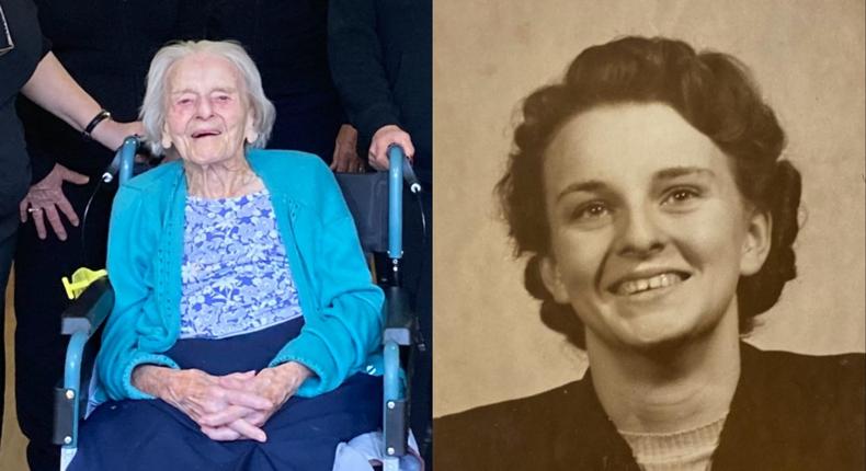 Joyce Preston at 100 years old at her care home, and Preston as a young woman.Abney Court Care UK/ Joyce Preston