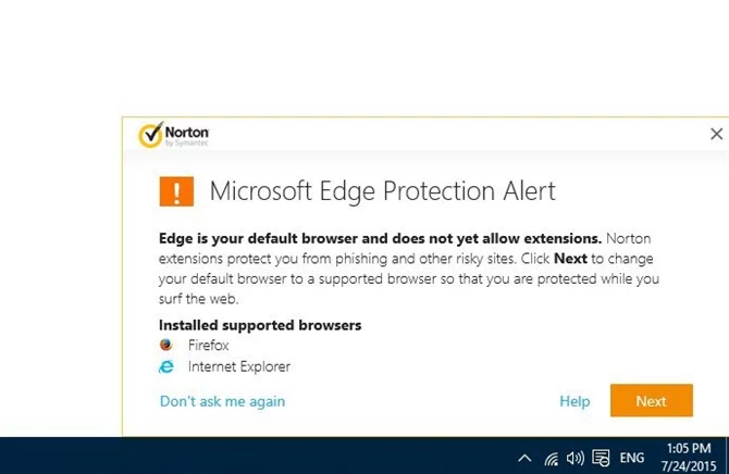Microsoft Edge nie obsługuje rozszerzeń i Norton sugeruje zmianę