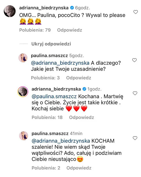 Wymiana zdań między Adrianną Biedrzyńską a Pauliną Smaszcz na Instagramie