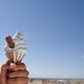 Man holding ice cream on beach, close-up of hand