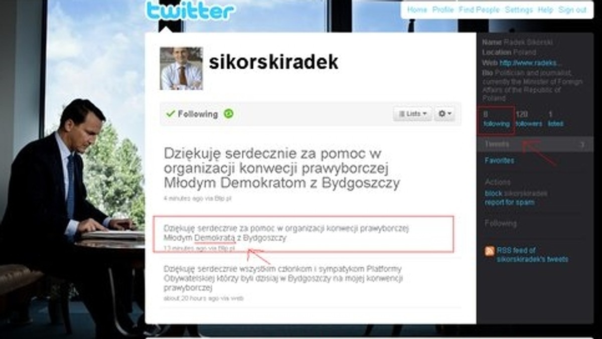 "Dziękuję serdecznie za pomoc w organizacji konwencji prawyborczej Młodym Demokratą z Bydgoszczy" - tak brzmiał drugi wpis Radosława Sikorskiego w serwisie Twitter.com.