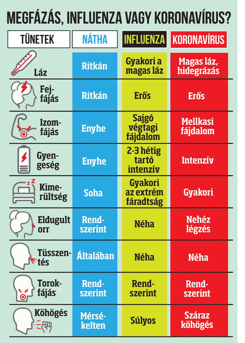 Így tudjuk megkülönböztetni az influenzát a koronavírustól / Grafika: Séra Tamás 