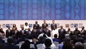 Bridgewater CEO Nir Bar Dea, Global Citizen CEO Hugh Evans and World Bank President Ajay Banga pictured with Heads of State from across Africa in April 2024