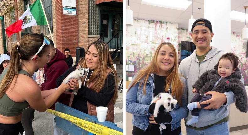 Chicago Marathon runner Sarah Bohan (left) hands a stray kitten to Andrea Maldonado. She and her family (right) adopted Casper, who received a clean bill of health.Gia Nigro; Colleen Barkley/PAWS Chicago