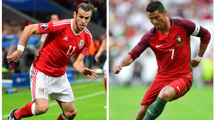 Bale(balra) a walesiek igazi vezére, eddig háromszor vette 
be az ellenfelek kapuját 
az Eb-n.Ronaldo(jobbra) halványabb teljesítményt nyújt, de a
mieink elleni meccsen így 
is duplázott /Fotó:-AFP
