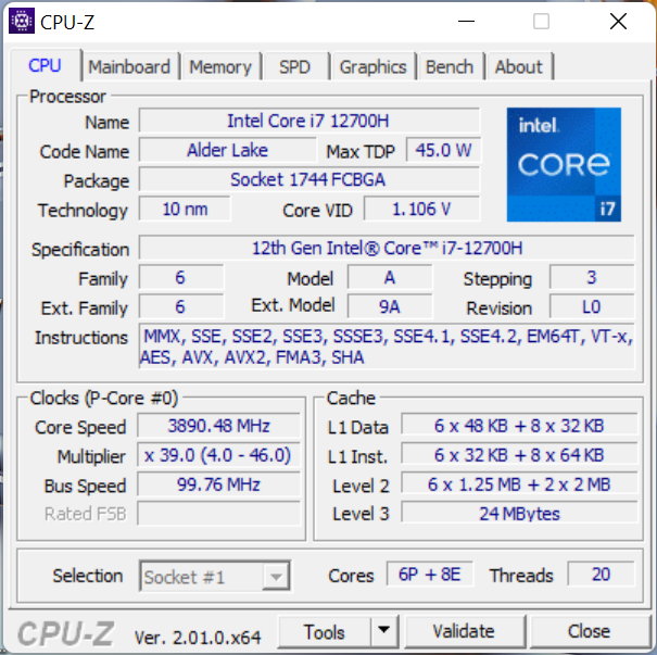 Huawei MateBook 16s – CPU-Z – specyfikacja procesora Intel Core i7-12700H