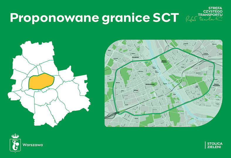 Proponowane granice Strefy Czystego Transportu w Warszawie — pierwotny plan
