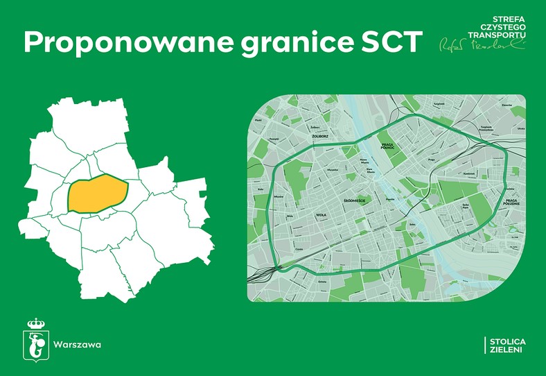 Proponowane granice Strefy Czystego Transportu w Warszawie — pierwotny plan