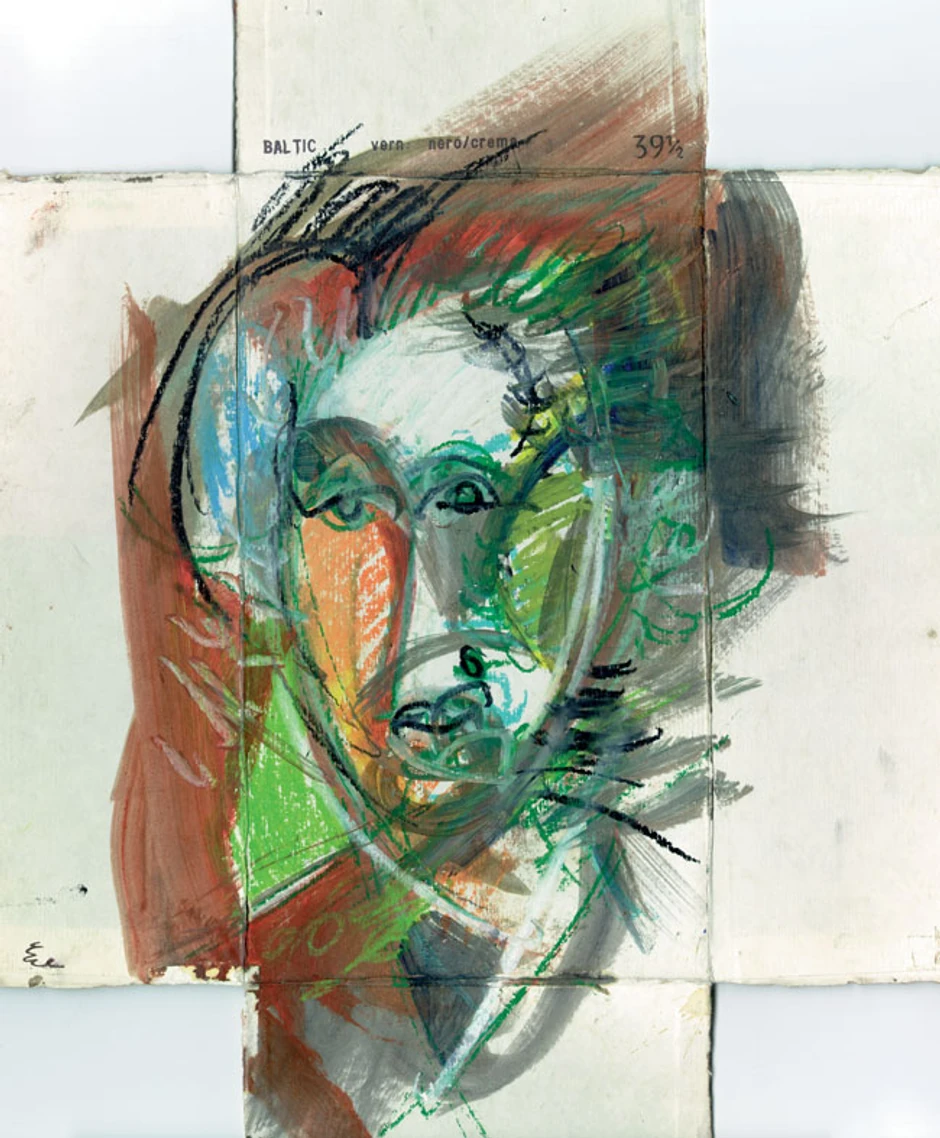 Portret 2, kombinovana tehnika na poklopcu kutije za cipele, 1992.