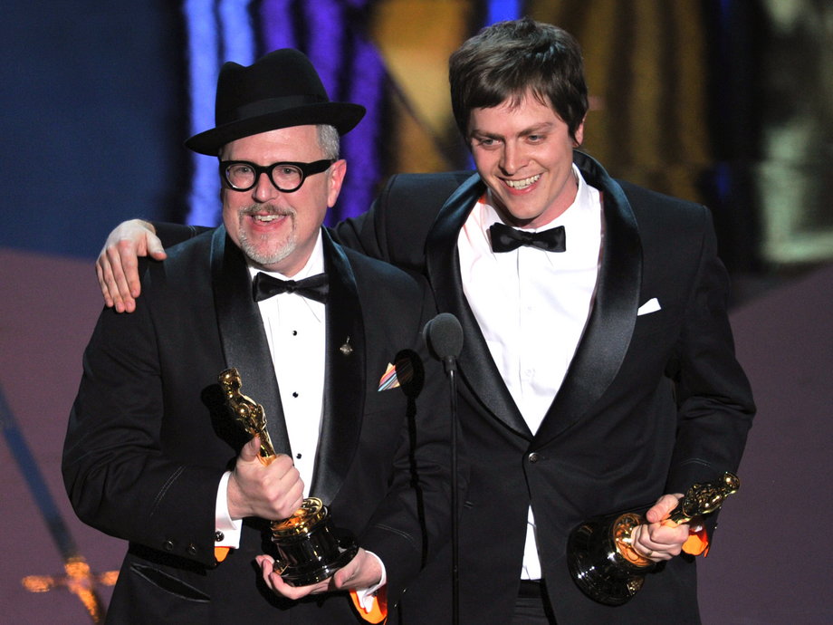 Moonbot Studios cofounders William Joyce and Brandon Oldenburg accept the Oscar for Best Animated Short Film.