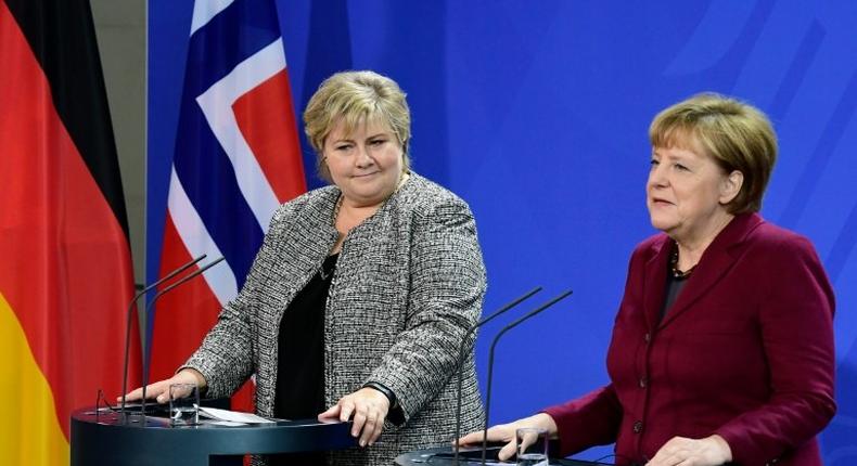 German Chancellor Angela Merkel (R) made the comments at a press conference alongside Norway's Prime Minister Erna Solberg on November 8, 2016