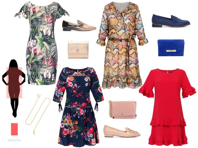 Sukienki odpowiednie dla sylwetki KOLUMNA: zielona sukienka w kwiaty - Midori Feminine Fashion/midori.pl, sukienka granatowa w czerwone kwiaty - Midori Feminine Fashion/midori.pl, żółta sukienka w wężowy wzór - Modern Line/modernline.pl, czerwona sukienka - Trynite/trynite.pl, torebki i buty - Menbur/menbur.pl, wisiorek - TK MAXX