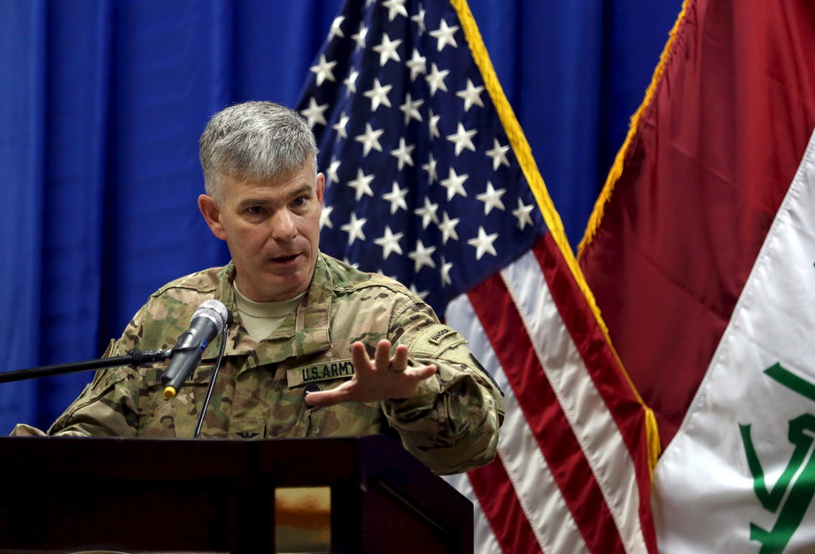 Col. Steve Warren talking to reporters at a news conference at the US Embassy in the heavily fortified Green Zone in Baghdad, Iraq, on October 1.