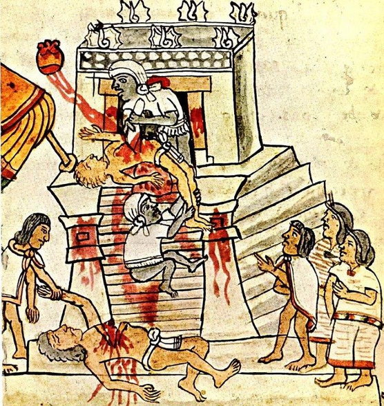 Aztecki rytuał składania ofiar z ludzi. Ilustracja z Codex Magliabechiano