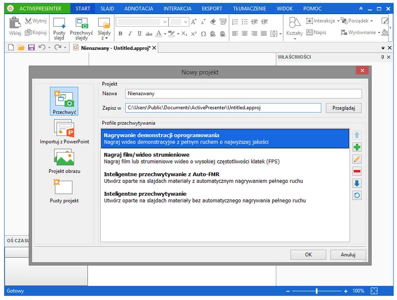 Główne okno programu do tworzenia prezentacji multimedialnych i materiałów szkoleniowych - Active Presenter Pro