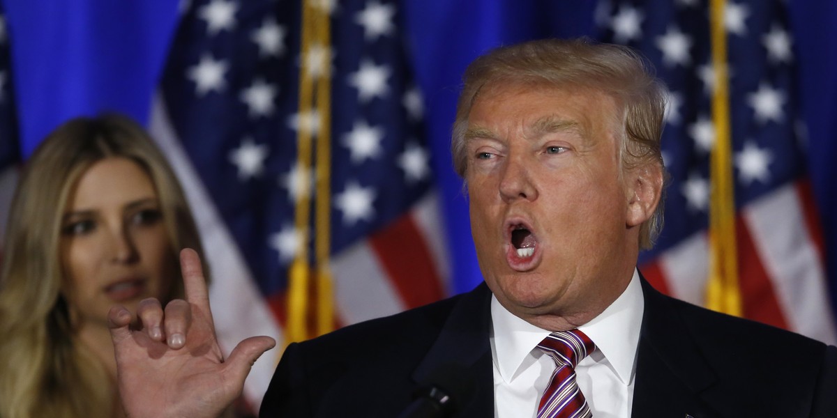 Republican U.S. presidential candidate Donald Trump speaks as his daughter Ivanka (L) looks on at a campaign event on the day that several states held presidential primary elections, including California, at the Trump National Golf Club Westchester in Briarcliff Manor, New York, U.S., June 7, 2016.