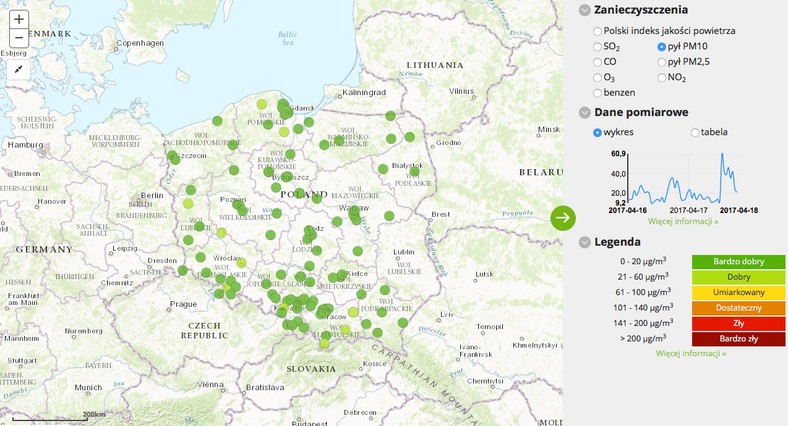 Stężenie pyłu PM10 - 2017-04-18 od godziny 04:00 do 05:00