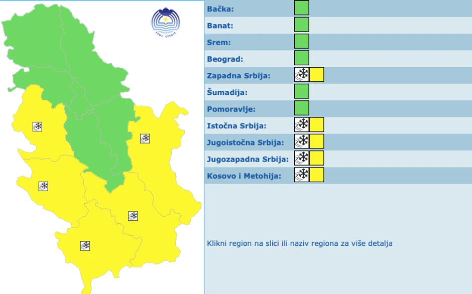 Žuti meteoalarm za 8. januar