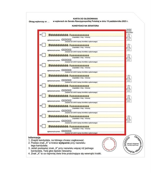 Głosowanie do Senatu. Karta wyborcza