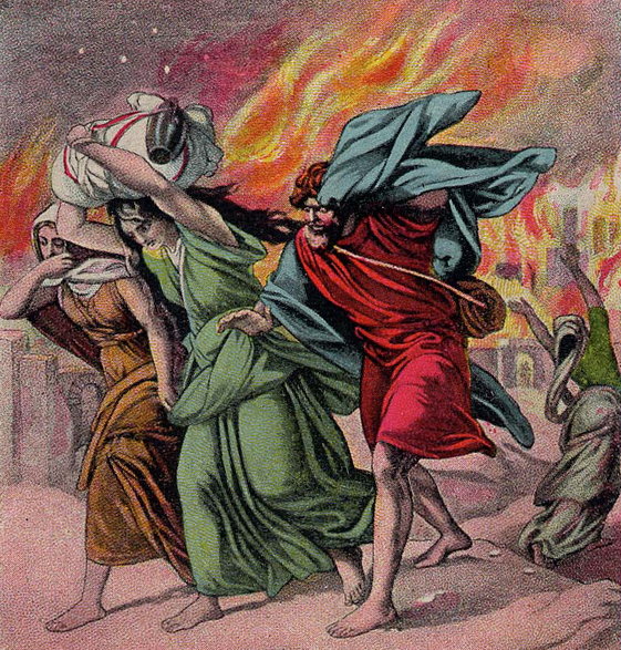 Lot z córkami ucieka z Sodomy, za nimi odwracająca się jego żona, ilustracja z 1918 r.