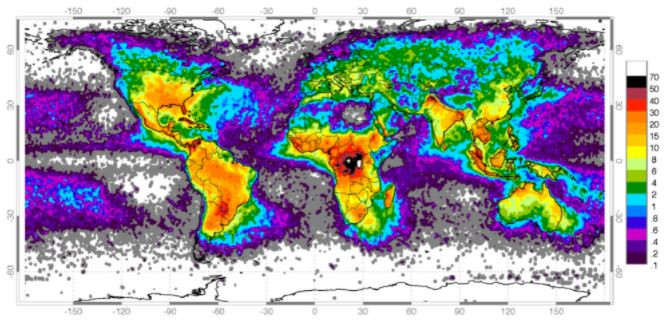 Częstotliwość wyładowań atmosferycznych na Ziemi na podstawie danych satelitarnych NASA zebranych w latach 1995-2003 [liczba wyładowań/km2/rok]