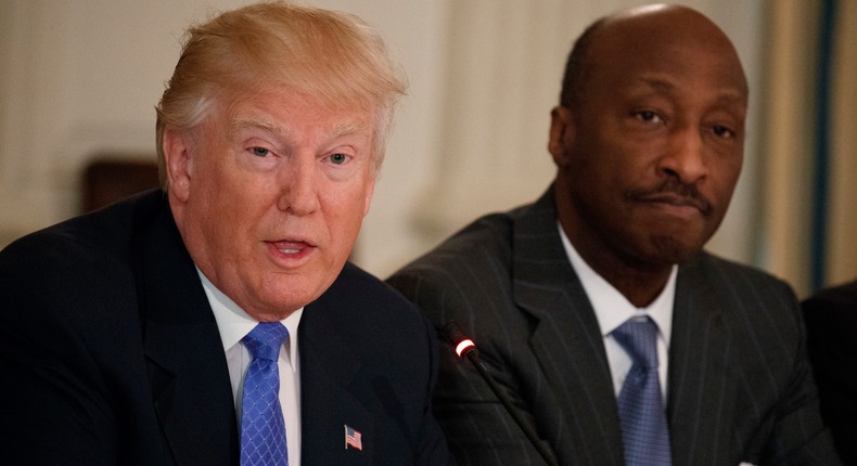 Then-Merck CEO Kenneth Frazier listens at right as then-President Donald Trump speaks during a meeting with manufacturing executives at the White House on February 23, 2017. Frazier resigned from Trump's manufacturing council following then-president's remarks regarding the August 2017 Unite the Right rally.AP Photo/Evan Vucci