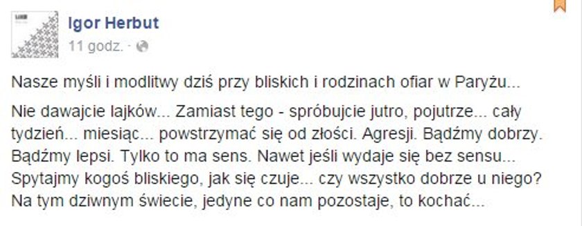 Igor Herbut o zamachach na swoim Facebooku