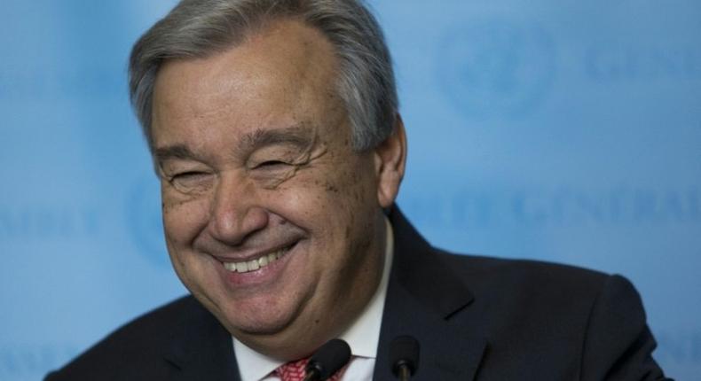 Antonio Guterres speaks to the media after being sworn in as UN secretary general December 12, 2016 at the United Nations in New York