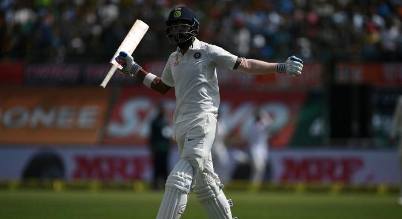 India's Lokesh Rahul celebrates victory on the fourth day of their fourth and final Test match against Australia, at The Himachal Pradesh Cricket Association Stadium in Dharamsala, on March 28, 2017