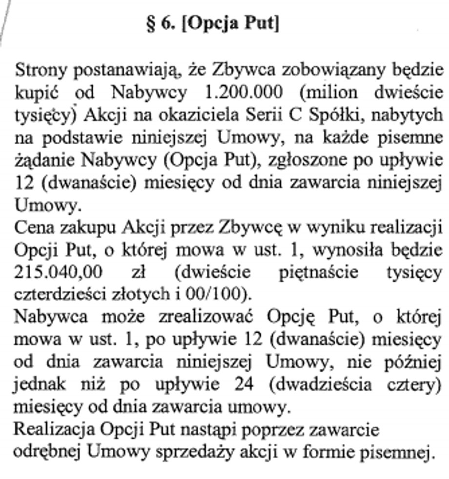 Fragment umowy sprzedaży akcji zawierający zapis o opcji put