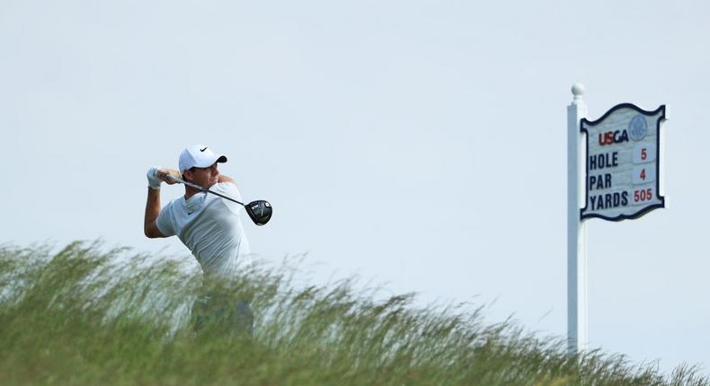 Rory McIlroy tees off during a U.S. Open practice round at Erin Hills.