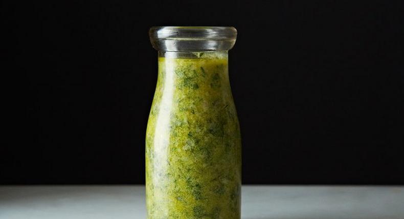 green goddess salad dressing in jar