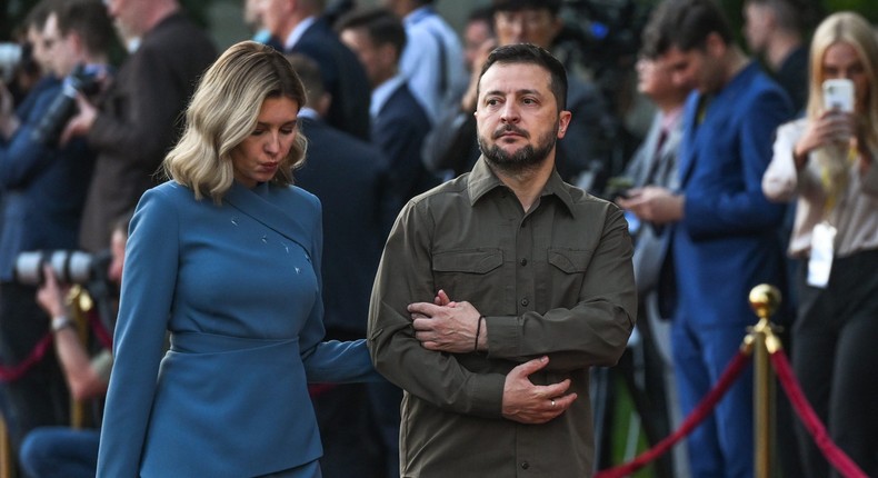 Ukrainian President Volodymyr Zelenskyy and first lady Olena Zelenska on their way to a social dinner during the 2023 NATO Summit in Lithuania.Artur Widak/NurPhoto via Getty Images