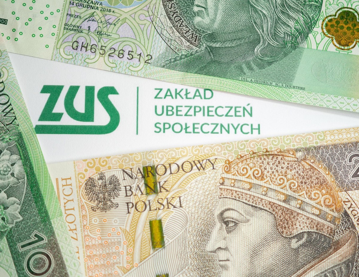 Logo ZUS wśród rozłożonych pieniędzy
