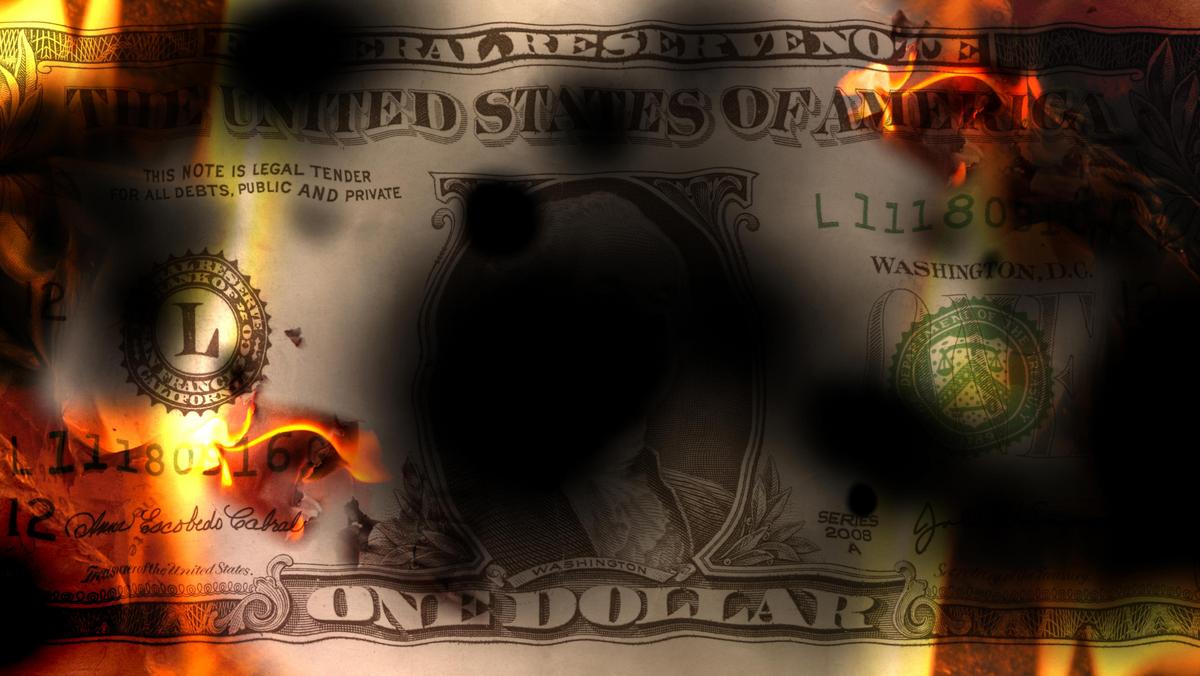 United States banknote dollar burning with fire and destroyed, conceptual financial crisis, 3d illus