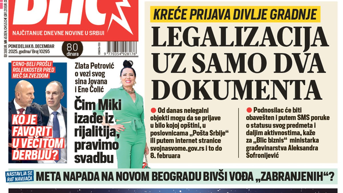 Blic naslovna strana za 8.12.
