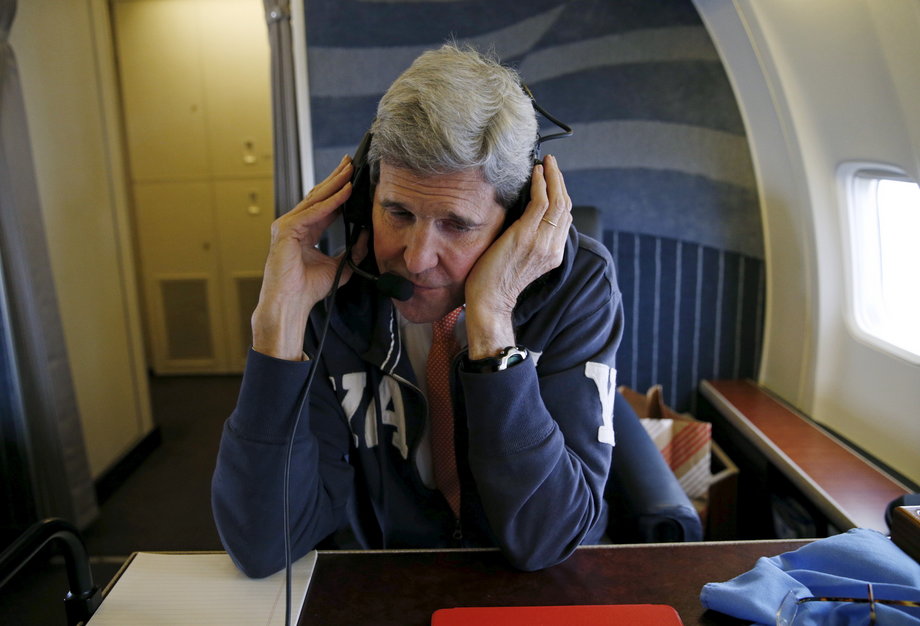 AUSTRIA: Kerry communicates from aboard his plane on his way to Vienna, Austria on what is expected to be "implementation day," the day the International Atomic Energy Agency verifies that Iran has met all conditions under the nuclear deal, January 16, 2016.