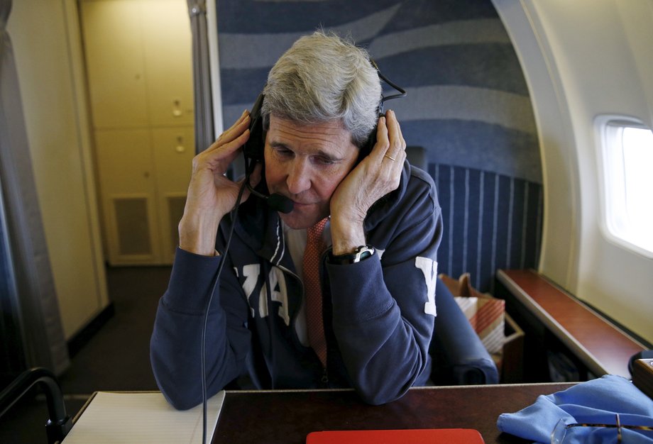 AUSTRIA: Kerry communicates from aboard his plane on his way to Vienna, Austria on what is expected to be "implementation day," the day the International Atomic Energy Agency verifies that Iran has met all conditions under the nuclear deal, January 16, 2016.